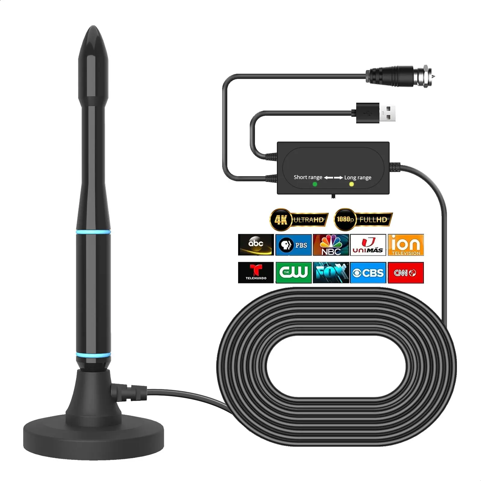 aquario tv antenna for smart tv, antenna for tv without cable, 800+ miles range digital hd tv antenna indoor with amplified signal booster support all tvs 4k 1080p 16ft coax cable aquario tv antenna