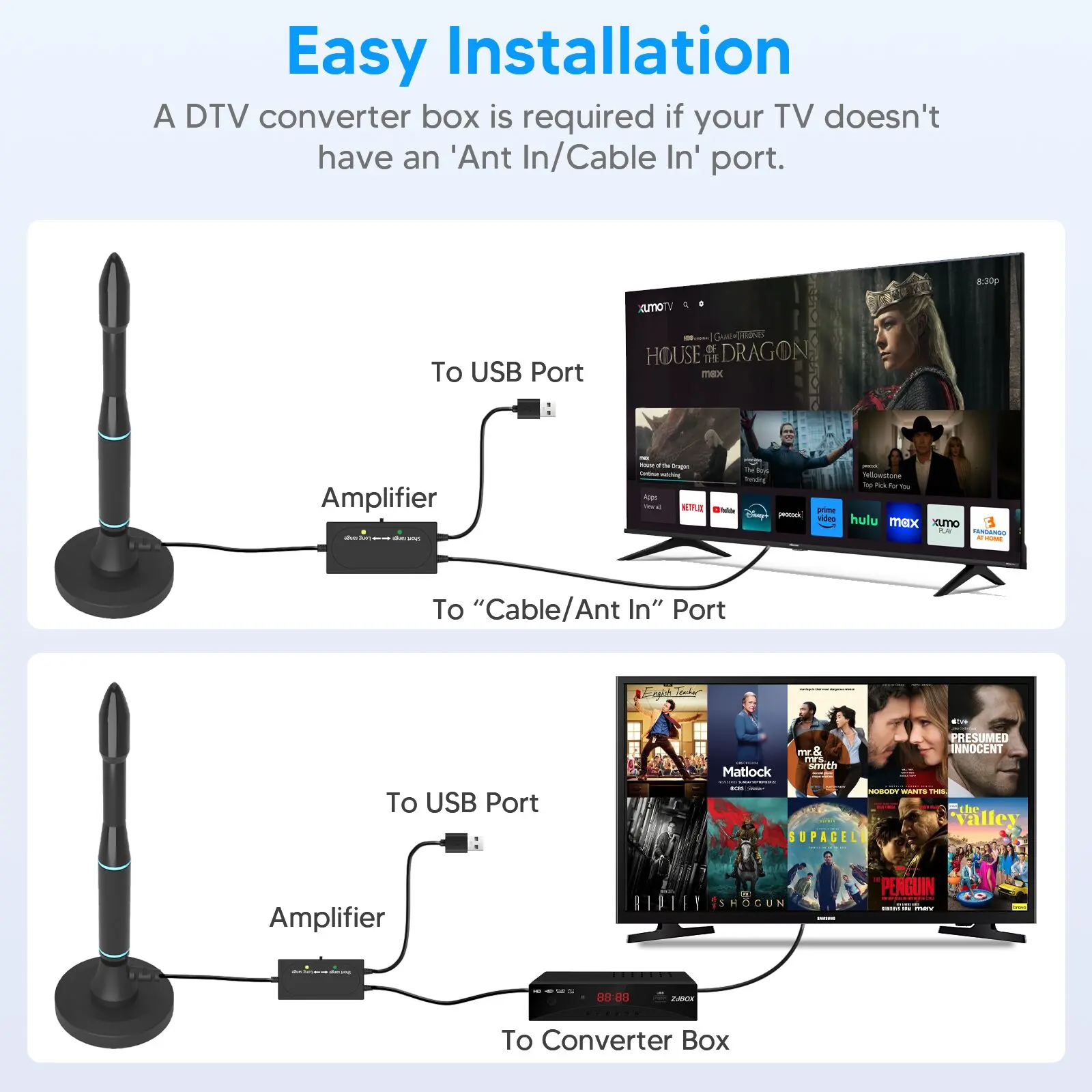 aquario tv antenna for smart tv, antenna for tv without cable, 800+ miles range digital hd tv antenna indoor with amplified signal booster support all tvs 4k 1080p 16ft coax cable aquario tv antenna